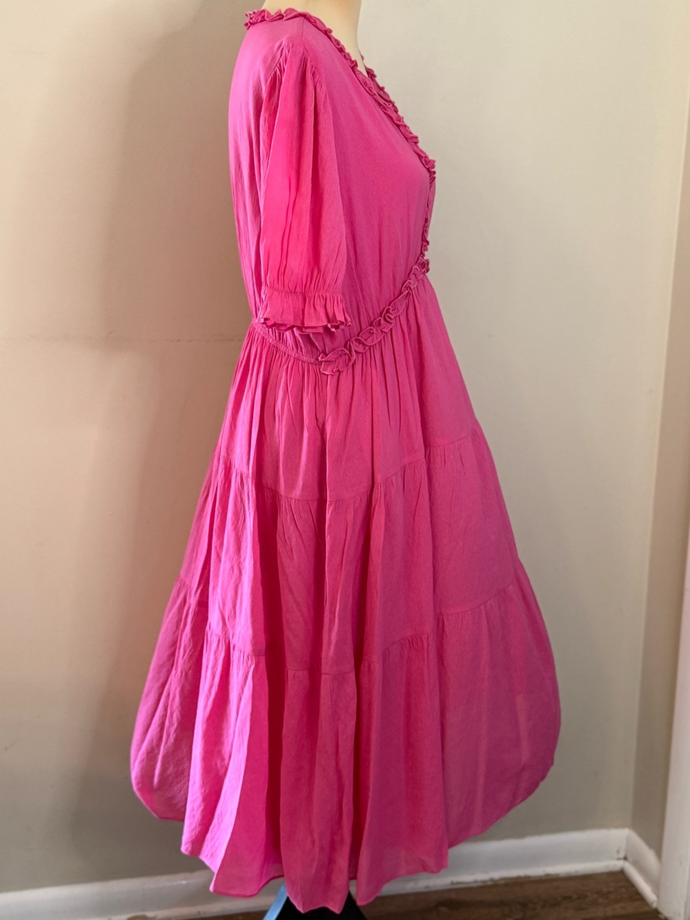 Jodifl pink ruffled tiered midi dress short sleeves SZ LG - Picture 2 of 15